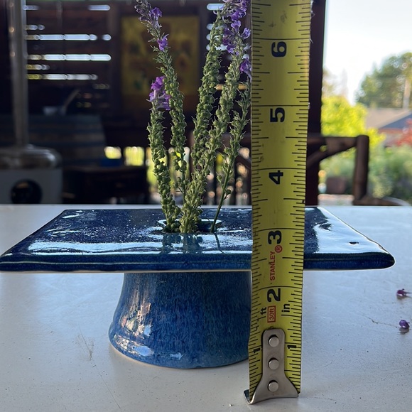 Charming modern cobalt blue flower pottery vase with built-in flower frog. - Picture 12 of 12